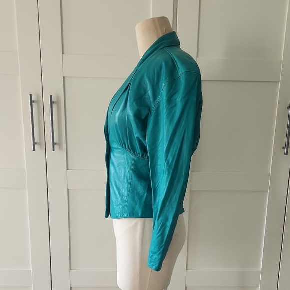 Bergdor Italia Vintage 80s Teal Green Leather Blazer Jacket Fitted Waist Size 4 - Picture 4 of 9
